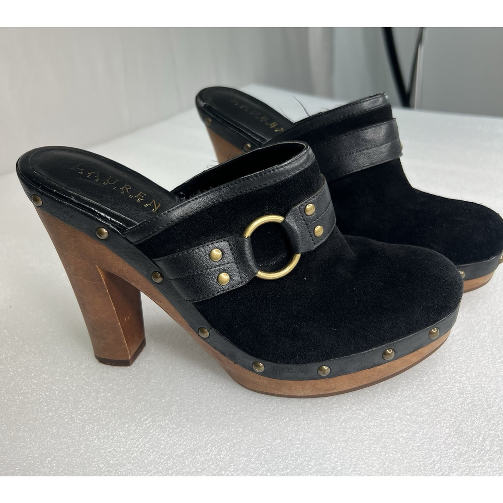 Lauren Ralph Lauren Stasia Sport Suede Platform Mule Clog Black Sz 8M Studded